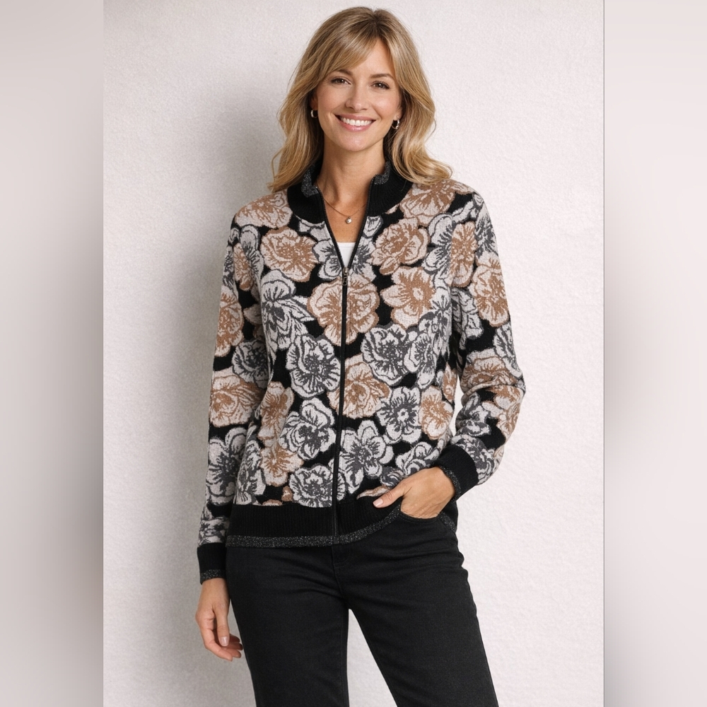 Sport Savvy Black Floral Intarsia Zip-Up Knit Sweater Sparkle Women’s Large
